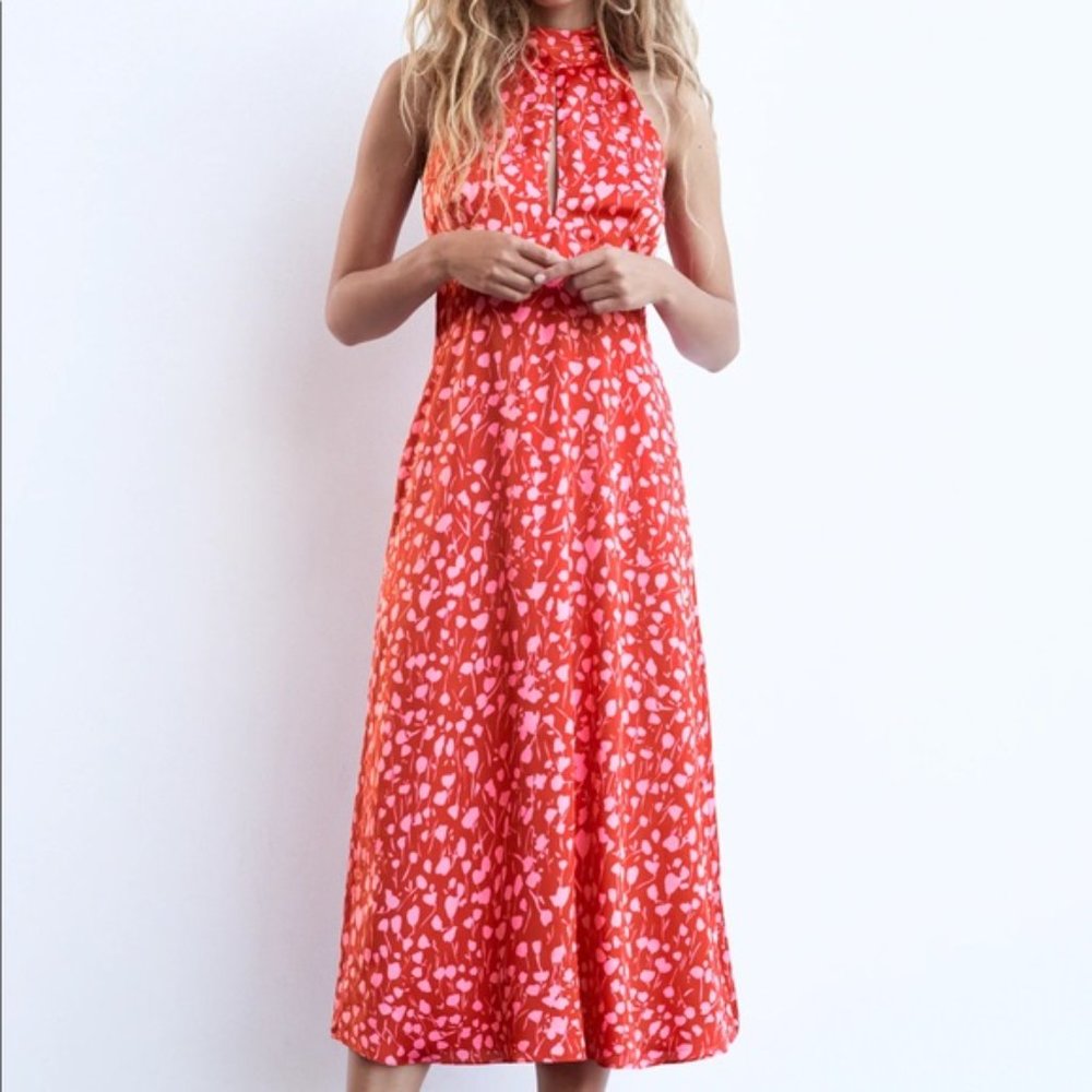ZARA Red Satin Midi Dress Halter Neck XL